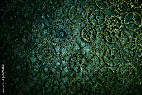 Gears, abstract background, lots of little rusty gears with a green tinge, steampunk.