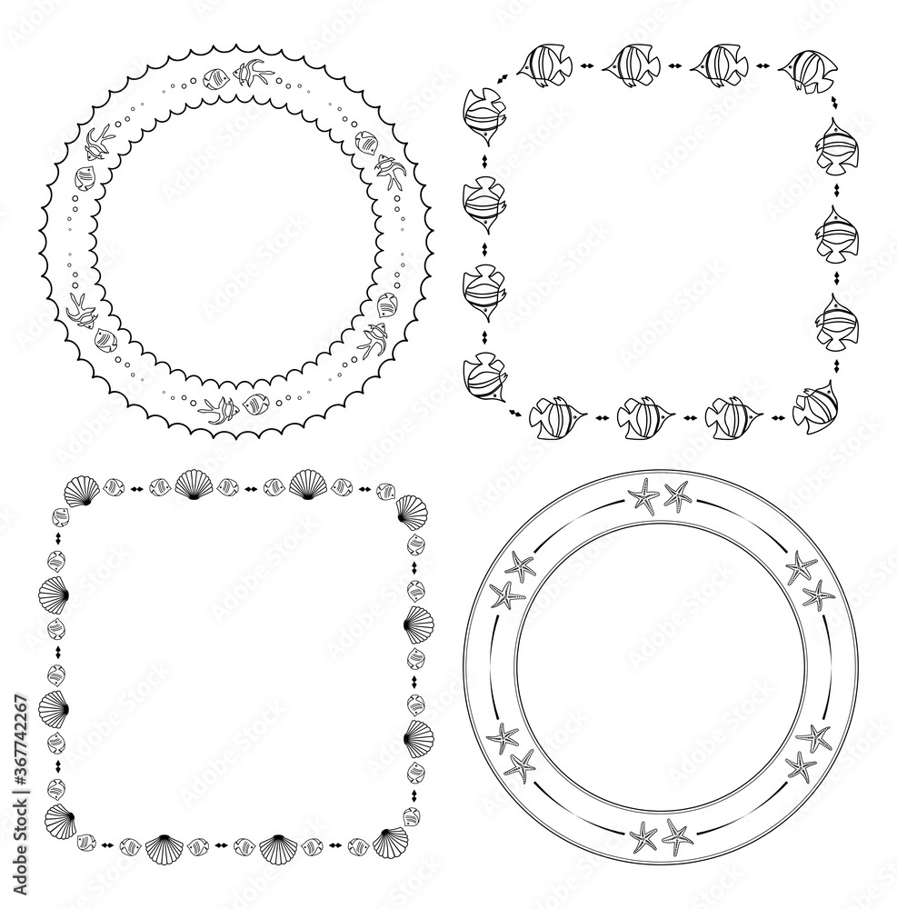 round and quadrate frames with fish and seashells - vector set
