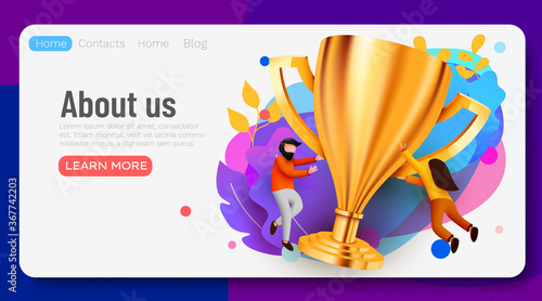 Landing page. People flying around golden giant champion cup. Winner, teamwork or success concept.