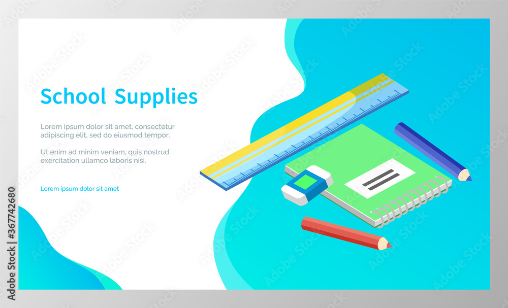 Supplies for lessons, vector illustration. Collection of school supplies or stationery. Isometric cartoon items for education of smart pupils and students. Knowledge and education. School accessories Supplies for lessons, vector illustration. Collection of school supplies or stationery. Isometric cartoon items for education of smart pupils and students. Knowledge and education. School accessories