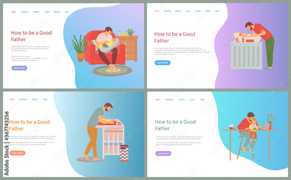 How to be good father vector, man caring for child feeding baby and washing, changing diapers of newborn kid, person working from home set. Website or slider app, landing page flat style