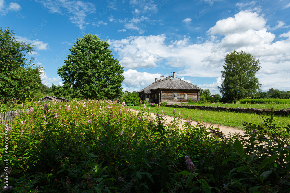 Rural landscape with the wooden house in the field on a sunny day. Horizontal image. Rural landscape with the wooden house in the field on a sunny day. Horizontal image.