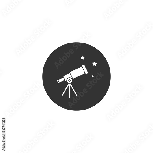 Black telescope with stars in black circle. Space spyglass.