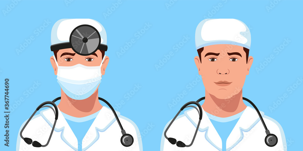 Man physician, ENT in a medical cap, with and without medical face mask, head reflector, stethoscope avatar set. Healthcare personal. Therapist. Hospital nurse. Man physician, ENT in a medical cap, with and without medical face mask, head reflector, stethoscope avatar set. Healthcare personal. Therapist. Hospital nurse.