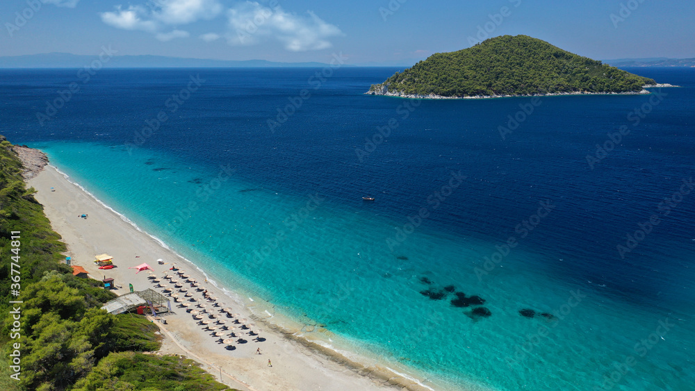 Fototapeta premium Aerial drone panoramic photo of famous turquoise paradise beach of Milia covered with pine trees, Skopelos island, Sporades, Greece