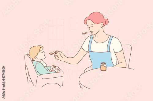 Motherhood, childhood, food, family concept. Young woman mom cartoon character feeding child kid son baby with special childish nutrition. Breakfast dinner lunch or supper and mothers day illustration