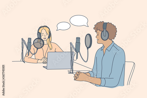 Communication, interview, conversation, podcast concept. Young happy man and woman radio hosts characters podcasters talking communicating in studio. Interviewing guest or mass media work illustration