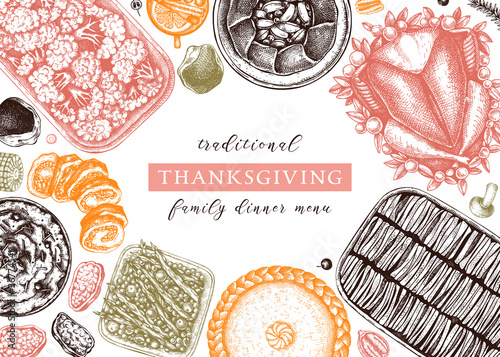 Thanksgiving day dinner menu design in color. Roasted turkey, cooked vegetables, rolled meat, vegetables, and cakes sketches. Vintage autumn food frame. 