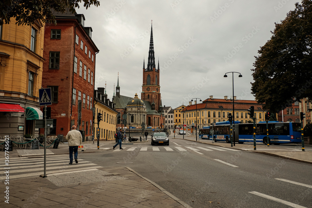 Naklejka premium Sweden. Stockholm. Houses and streets of Stockholm. Autumn cityscape. September 17, 2018