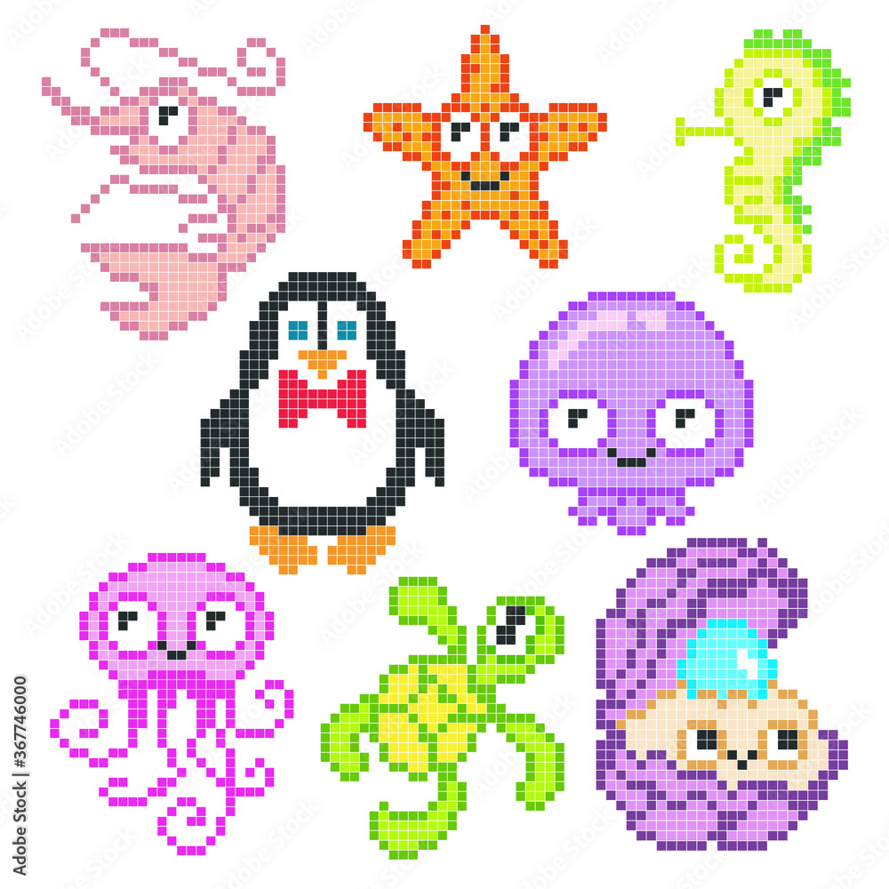Set pixel sea animals, vector illustration