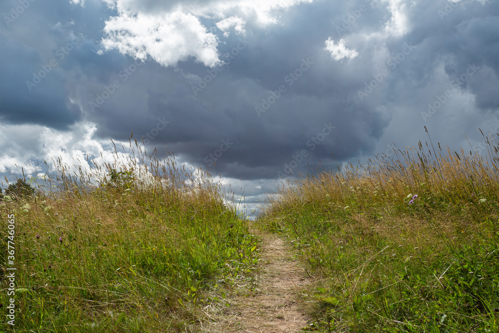Scenic grass field with the road and dark rainy clouds just before the rain. Scenic grass field with the road and dark rainy clouds just before the rain.