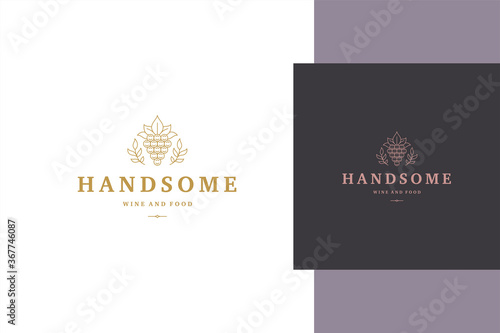 Minimal vector illustration of elegant outline emblem template with bunch of grapes and leaves line style
