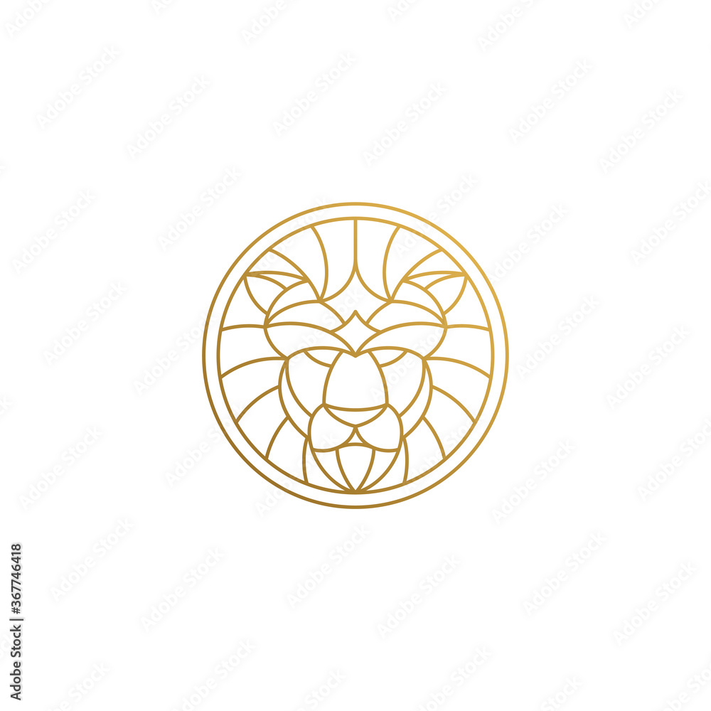 Outline emblem of geometric lion head in circle hand drawn with thin lines Outline emblem of geometric lion head in circle hand drawn with thin lines