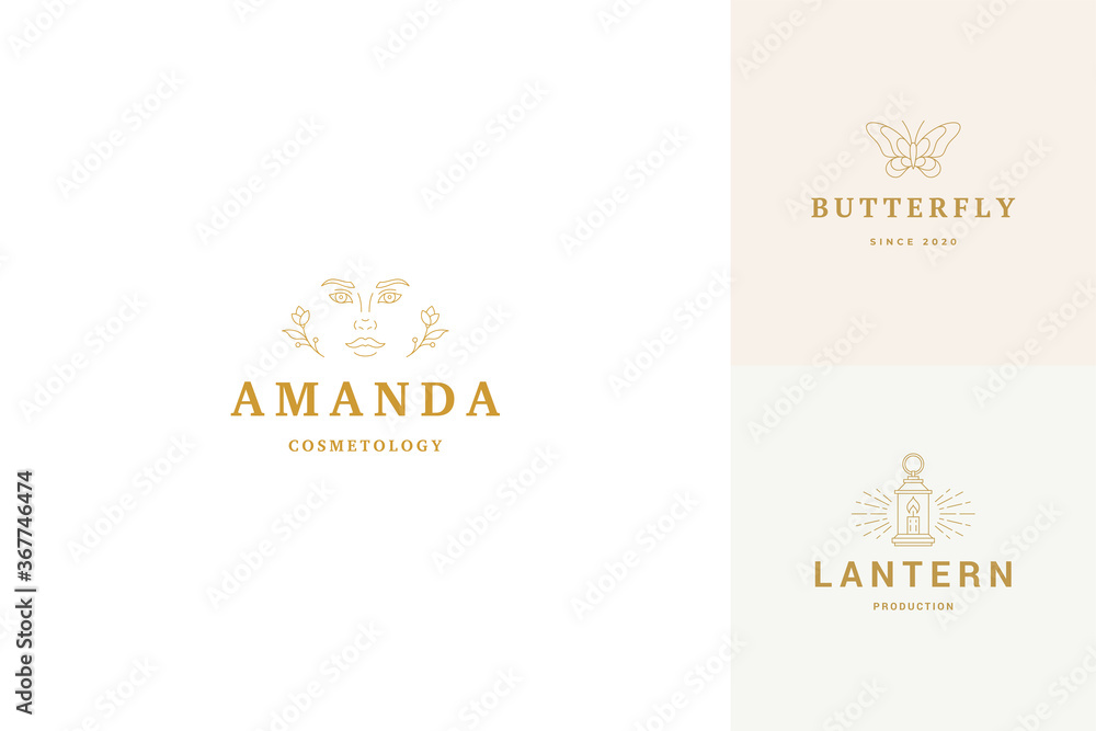 Vector line logos emblems design templates set - female face and flowers illustrations simple minimal linear style Vector line logos emblems design templates set - female face and flowers illustrations simple minimal linear style
