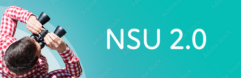 Fototapeta premium NSU 2.0. Mann mit Fernglas aus Vogelperspektive. Beobachtung, Draufsicht, Panorama. Business Text auf blau. Statistik, Wirtschaft