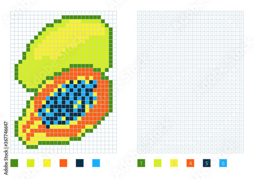 Pixel papaya in the coloring page with numbered squares, vector illustration