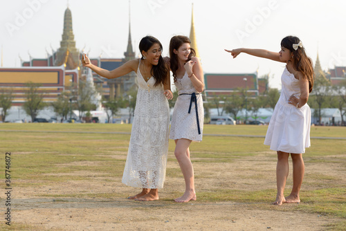Three multi ethnic young beautiful women as friends together in the park © Ranta Images