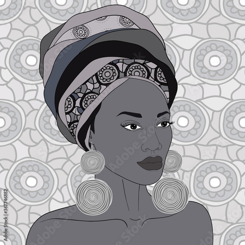 Vector portrait of African American woman in kerchief with gold earrings. Hand drawn. 