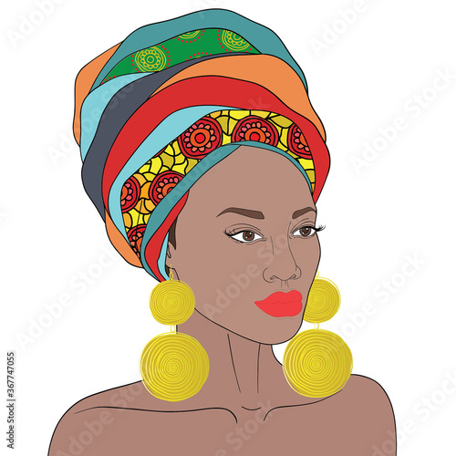Vector portrait of African American woman in kerchief with gold earrings. Hand drawn. 
