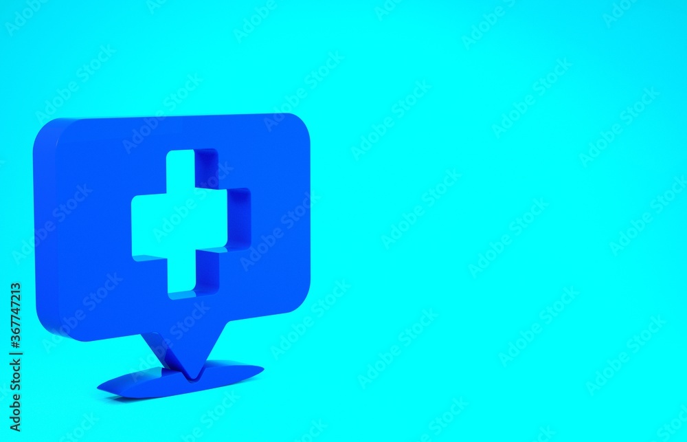 Blue Medical map pointer with cross hospital icon isolated on blue background. Minimalism concept. 3d illustration 3D render. Blue Medical map pointer with cross hospital icon isolated on blue background. Minimalism concept. 3d illustration 3D render.