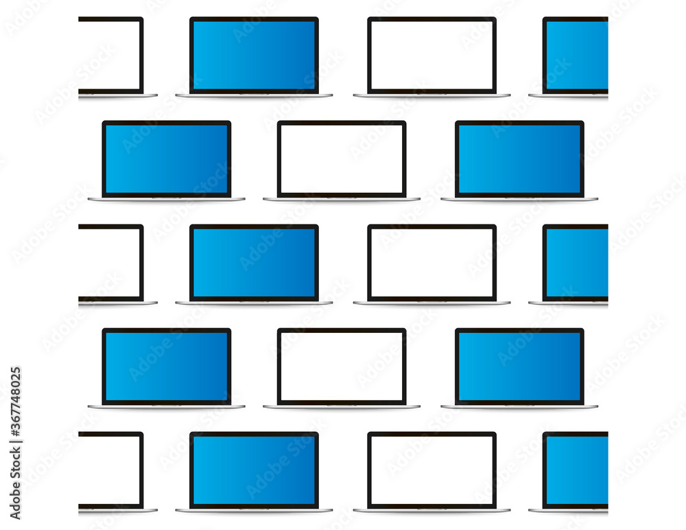 Set of many black laptop mockups, realistic templates with blank screen from different angles, four positions of modern portable computers - isolated vector illustration on white background Set of many black laptop mockups, realistic templates with blank screen from different angles, four positions of modern portable computers - isolated vector illustration on white background