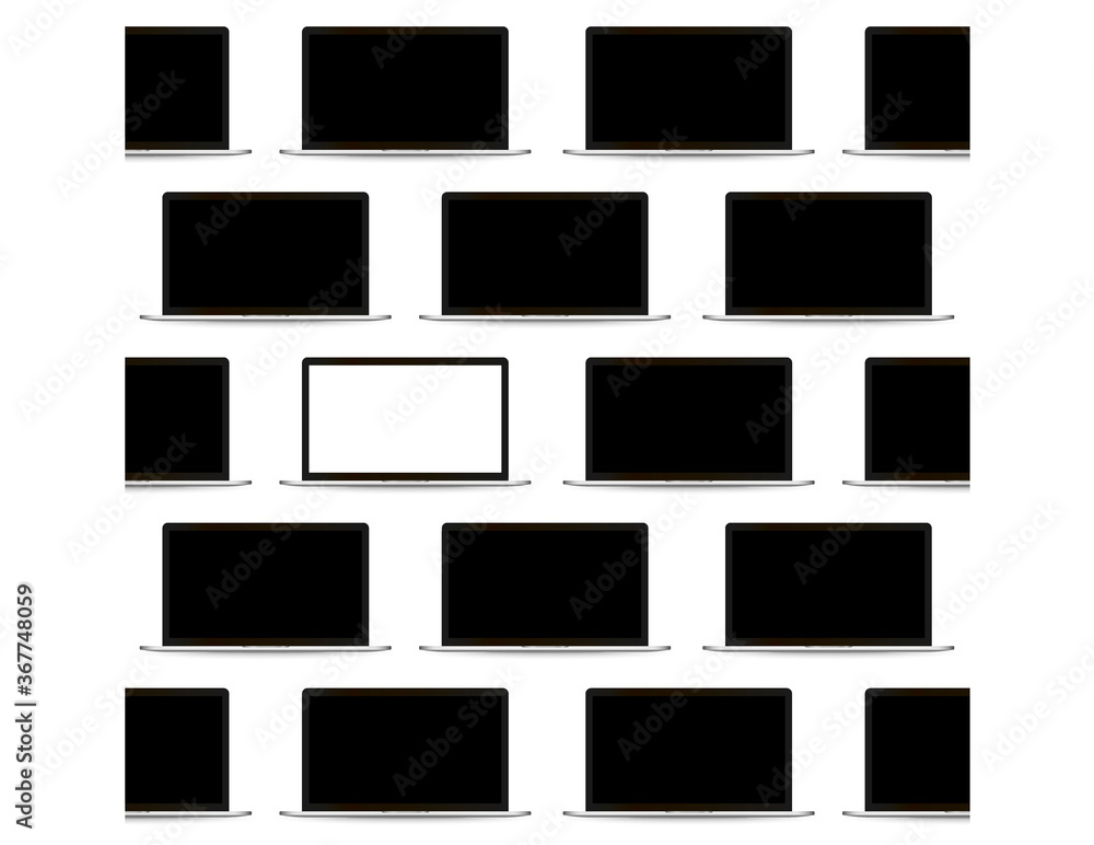 Set of many black laptop mockups, realistic templates with blank screen from different angles, four positions of modern portable computers - isolated vector illustration on white background Set of many black laptop mockups, realistic templates with blank screen from different angles, four positions of modern portable computers - isolated vector illustration on white background