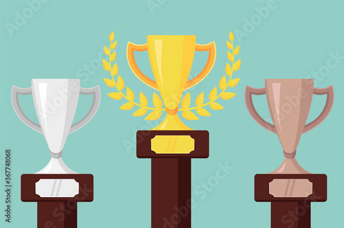 vector illustration of silver,gold and bronze championship cups on pedestals.three metallic trophy on blue background.