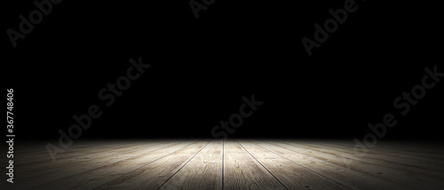 Empty stand up scene with wooden floor and spot lights.. Empty room studio gradient used for background and display your product. 3d illustration