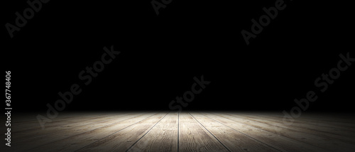 Fototapeta Naklejka Na Ścianę i Meble -  Empty stand up scene with wooden floor and spot lights.. Empty room studio gradient used for background and display your product. 3d illustration