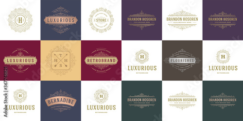 Vintage logos and monograms set elegant flourishes line art graceful ornaments victorian style vector template design