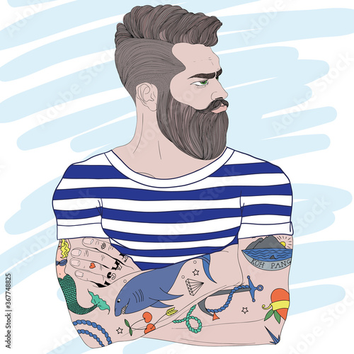 Vector portrait of fashion bearded man sailor with old school tattoo and smoke pipe. Hand drawn. 