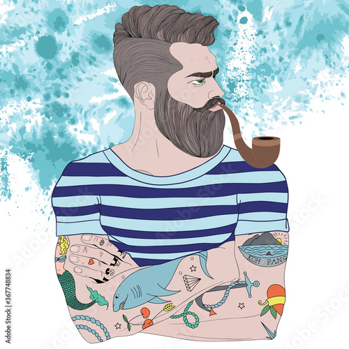 Vector portrait of fashion bearded man sailor with old school tattoo and smoke pipe. Hand drawn. Water background.  Marine rope and knot