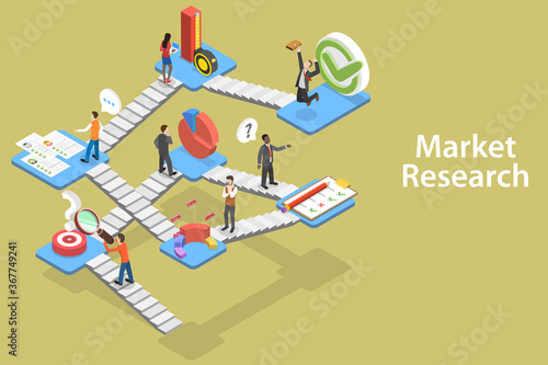 3D Isometric Vector Conceptual Illustration of Market Research Method with Following Steps are Objective  Gap Analysis  Survey  Market Segmentation  Trends  Statistics  Customer Analysis  Evaluation