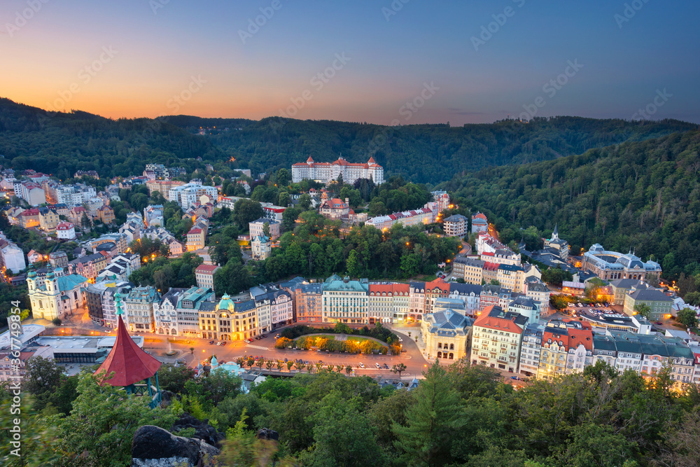 Karlovy Vary, Czech Republic. Aerial image of Karlovy Vary (Carlsbad), located in western Bohemia at beautiful sunrise.