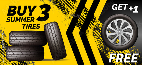 Car tires shop banner with discount offer, yellow background. Brochure template with automobile wheels sale ad, vector illustration