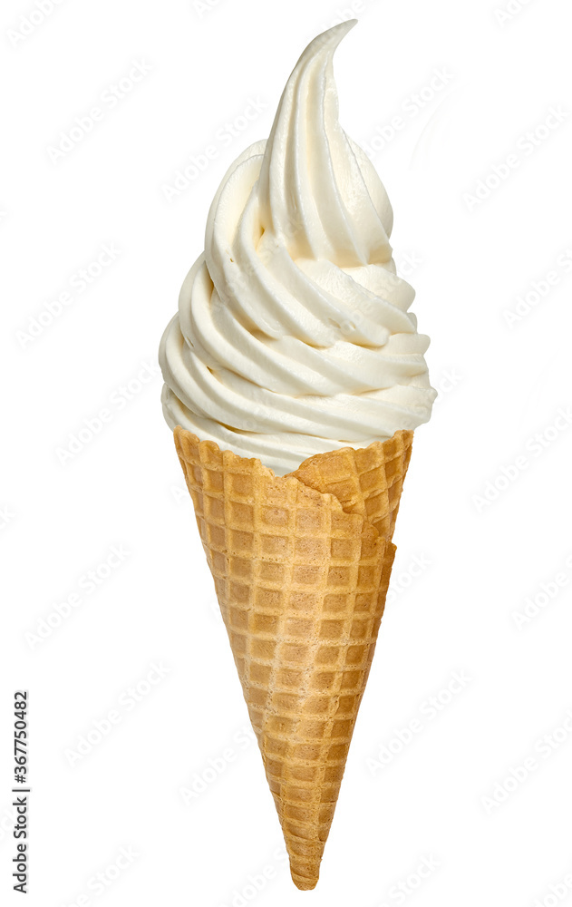 Whipped vanilla soft ice cream in cone isolated on white background. Including clipping path. Whipped vanilla soft ice cream in cone isolated on white background. Including clipping path.