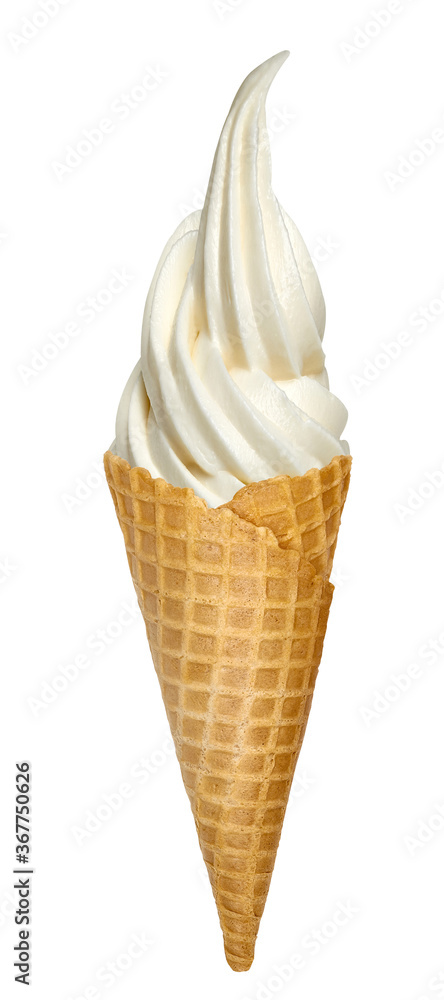 Whipped vanilla soft ice cream in cone isolated on white background.  Including clipping path.