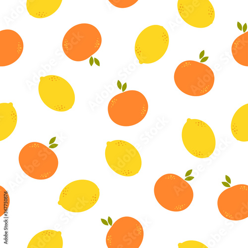 Fototapeta Naklejka Na Ścianę i Meble -  Simple lemons and oranges on white background. Seamless citrus summer flat pattern. Suitable for packaging, menu design.