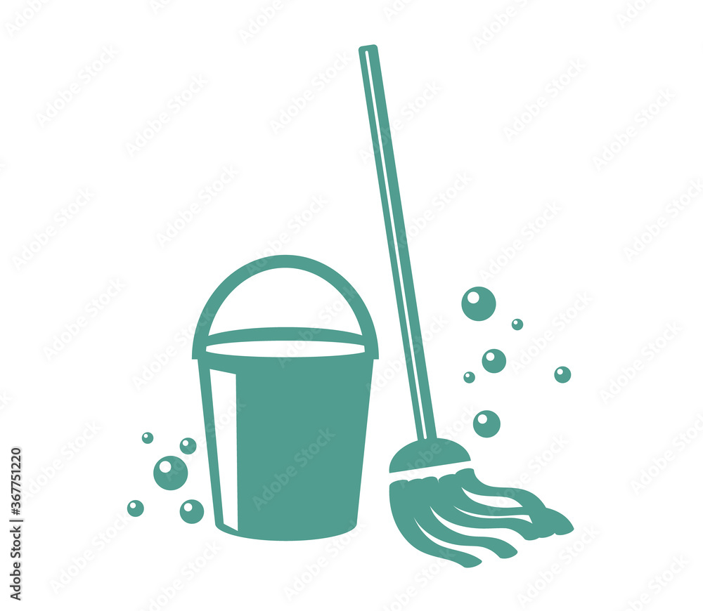 Bucket and mop on a white background. Cleaning. Vector