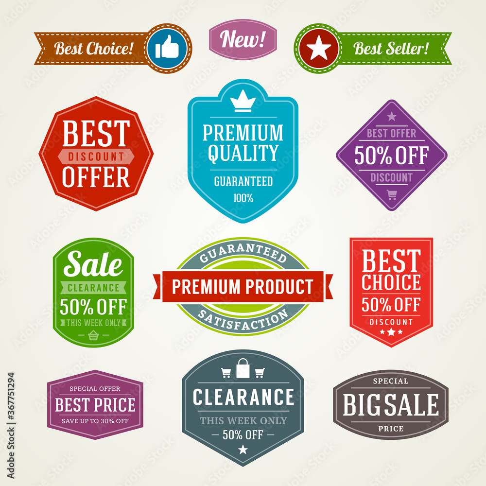 Sale labels and ribbons set design elements premium quality badges vector illustration