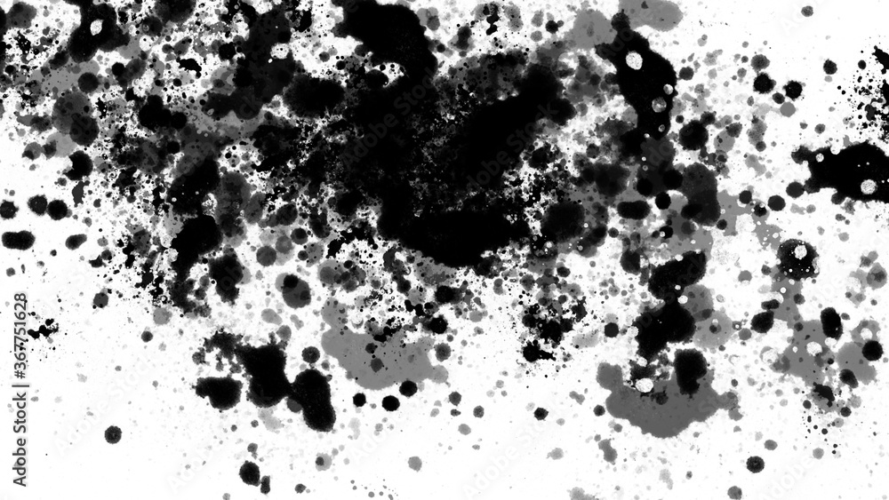 Huge abstract black ink and watercolor splashes (8K). Random drops and blots. Splatter background.