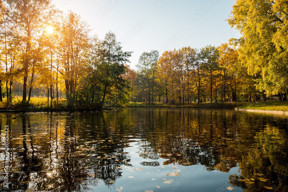 Fototapeta premium Autumn landscape with reflection in the lake and sunlight at sunset.
