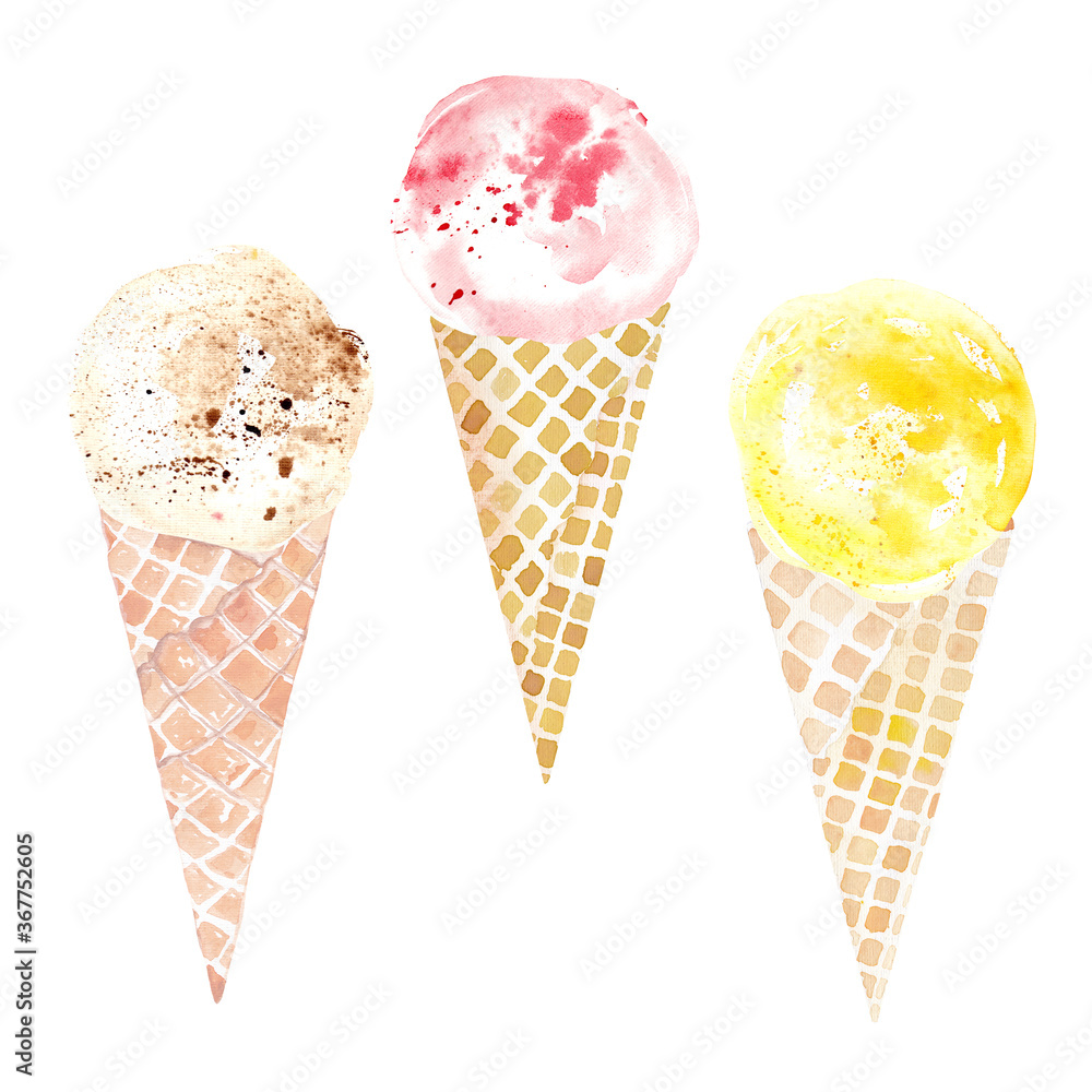Watercolor ice cream. Hand drawn illustration. Colorful scoops. Watercolor splash splatters