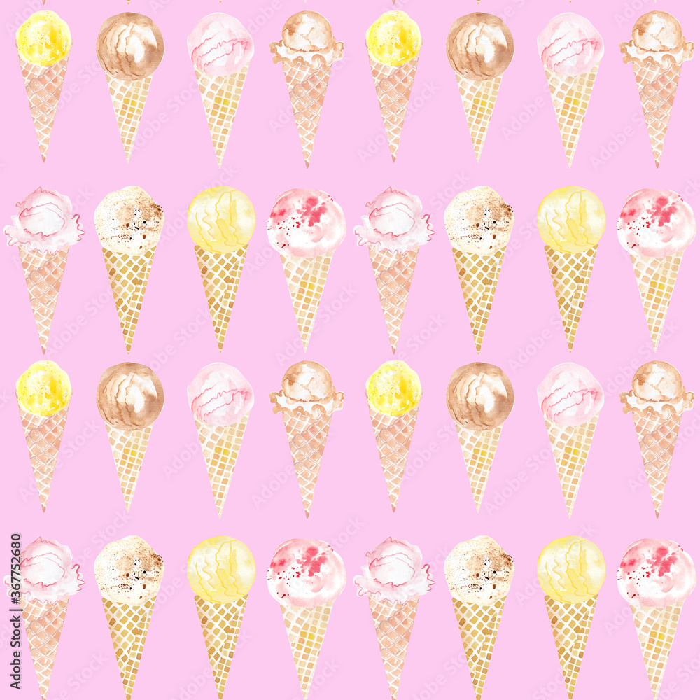 Watercolor ice cream seamless pattern