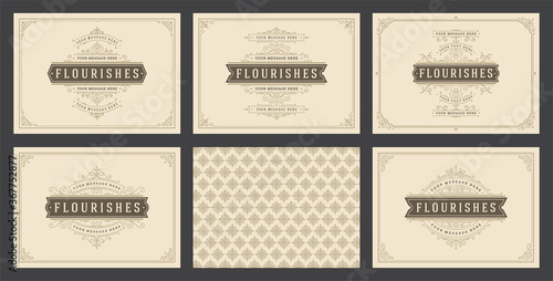 Vintage ornament greeting cards set templates flourish ornate frames and pattern background vector illustration