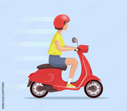 Young cute woman in a helmet rides a red scooter. An adult uses a vehicle. Side view. Vector flat design girl character illustration.