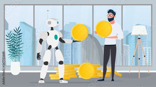 The robot gives a gold coin to a businessman. The robot brings profit to the business. The concept of earnings, profit and wealth. Vector.