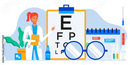 Eye test procedure and prescription glasses concept. Ophthalmology medical concept with glasses, eye examination, eye drop. Ophthalmologist online doctor eyesight check up. For banner, landing, flyer