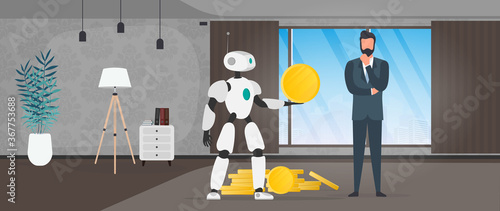 The robot gives a gold coin to a businessman. The robot brings profit to the business. The concept of earnings, profit and wealth. Vector.
