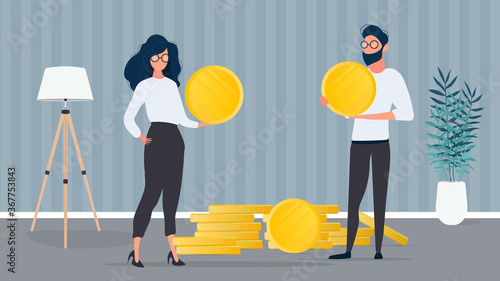 The guy and the girl are holding gold coins. The concept of earnings, profit and wealth. Isolated. Vector.